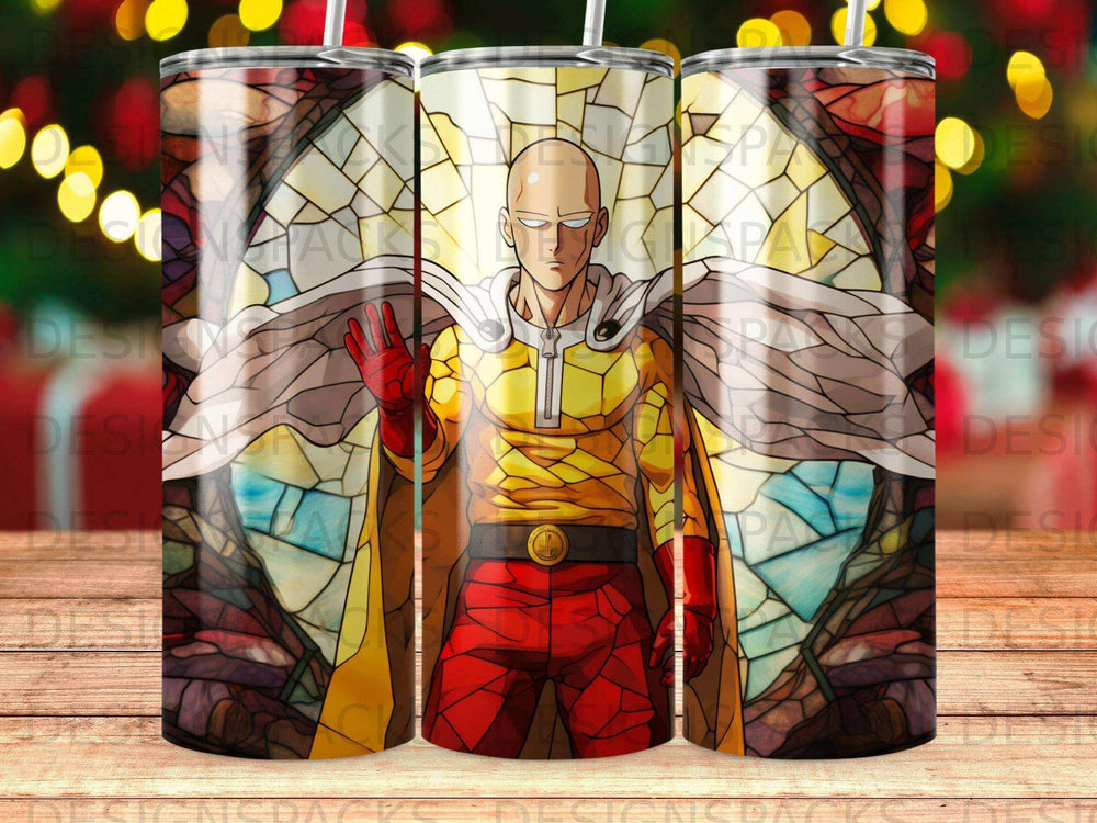 Saitama from One Punch Man in stained glass style on a tumbler.