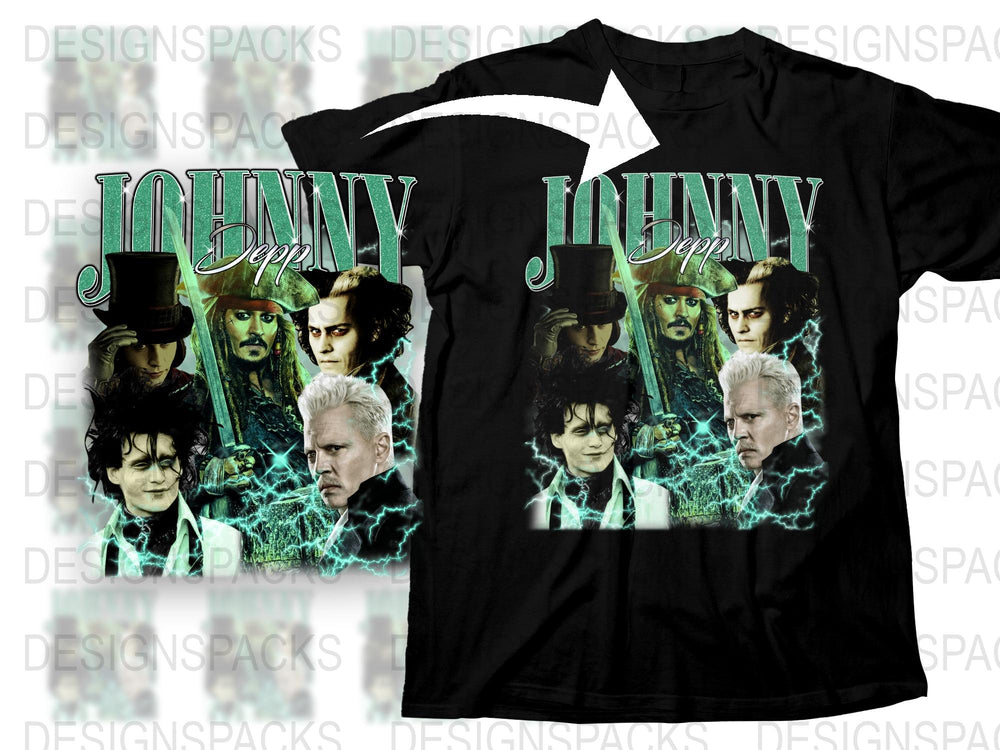 Johnny Depp Movie Characters Collage T-Shirt, Unisex Black Cotton Tee, Film Fan Apparel