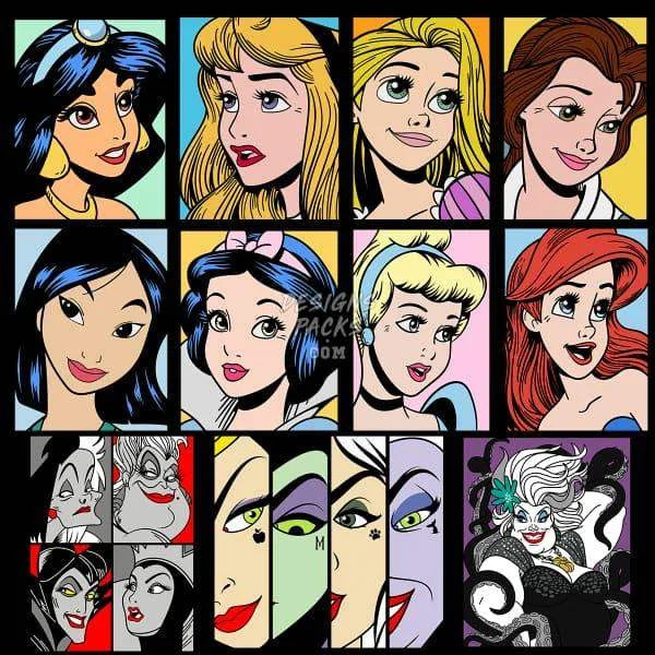 17 Evil Vs Princess Cartoon Designs Bundle PNG + AI