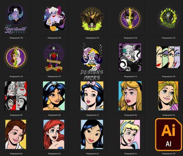 17 Evil Vs Princess Cartoon Designs Bundle PNG + AI designspacks
