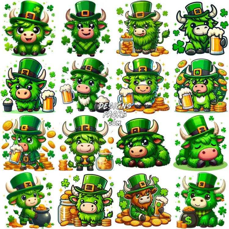 17 St. Patrick’s Day Cartoon Highland Cow Designs Bundle Png