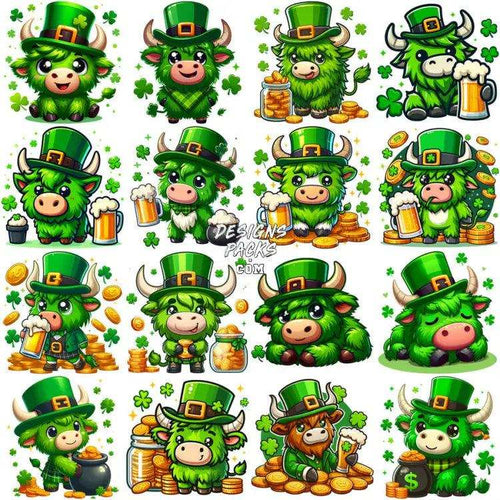 17 St. Patrick’s Day Cartoon Highland Cow Designs Bundle Png
