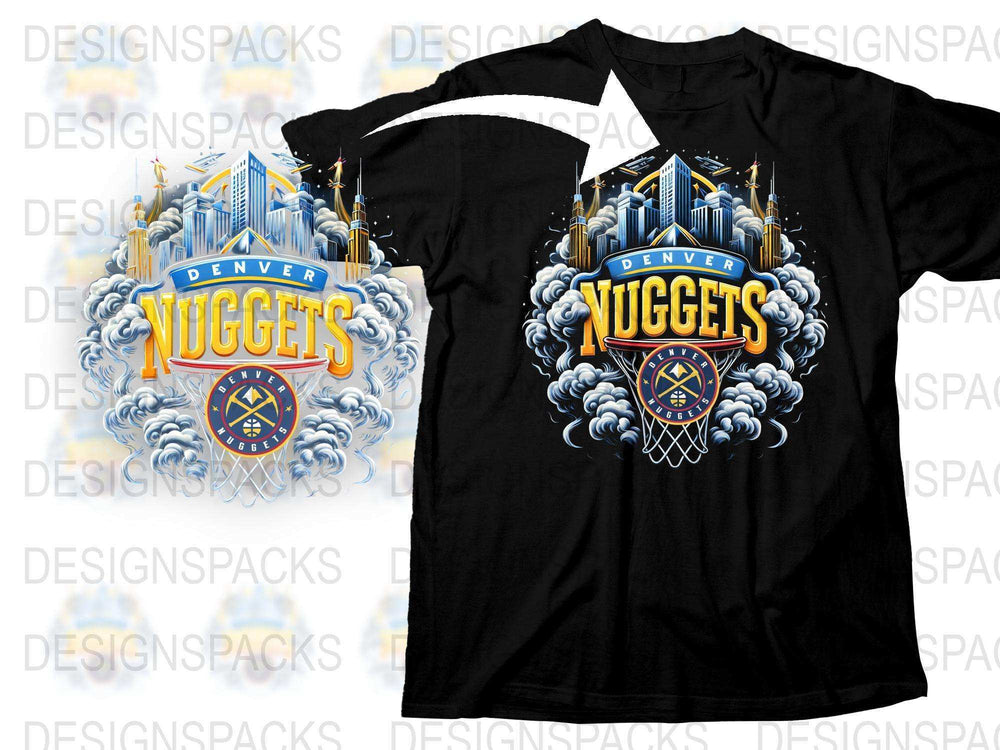 Denver Nuggets Graphic T-Shirt, Basketball Team Logo Design, Sports Fan Apparel, Cloud Motif Black Tee