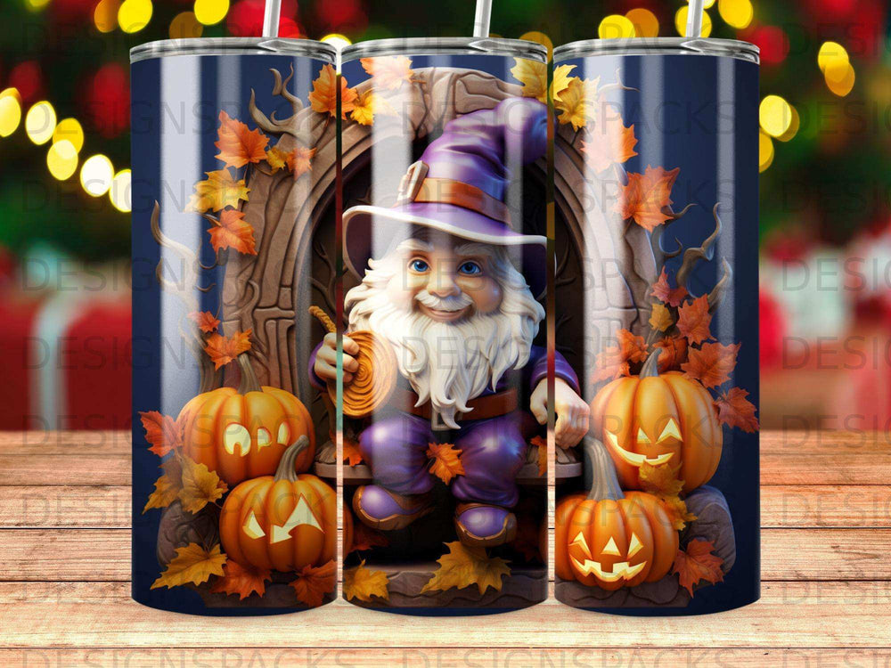 Gnome in purple hat sitting on a log with pumpkins and autumn leaves.