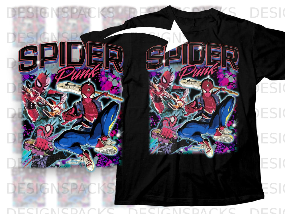 Spider-Punk on a black t-shirt with colorful, abstract background and graffiti elements.