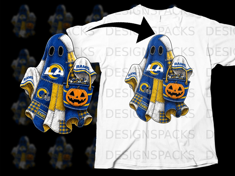 Los Angeles Rams ghost with pumpkin bucket on white t-shirt mockup.