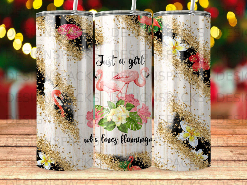 Tumbler with flamingos and flowers, reading "Just a girl who loves flamingo".