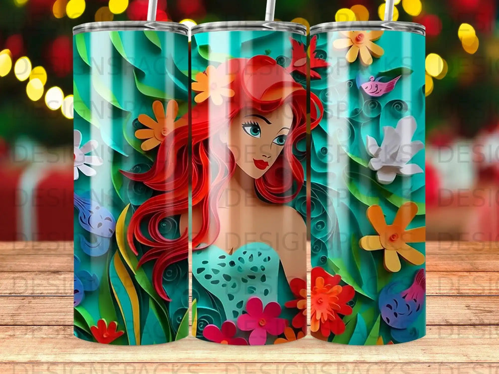 Ariel from The Little Mermaid with colorful flowers and tropical leaves.