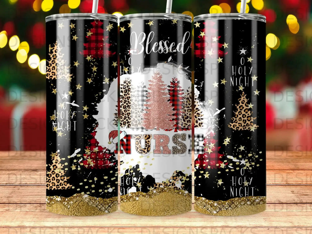 Tumbler with "Blessed Nurse Holy Night" and red plaid Christmas trees.