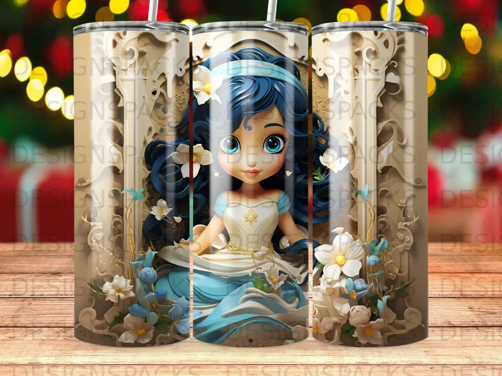 Cartoon princess with blue hair and dress, surrounded by flowers.
