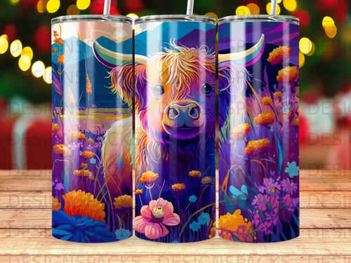 Highland cow with colorful flowers and plants in a vibrant, abstract landscape.