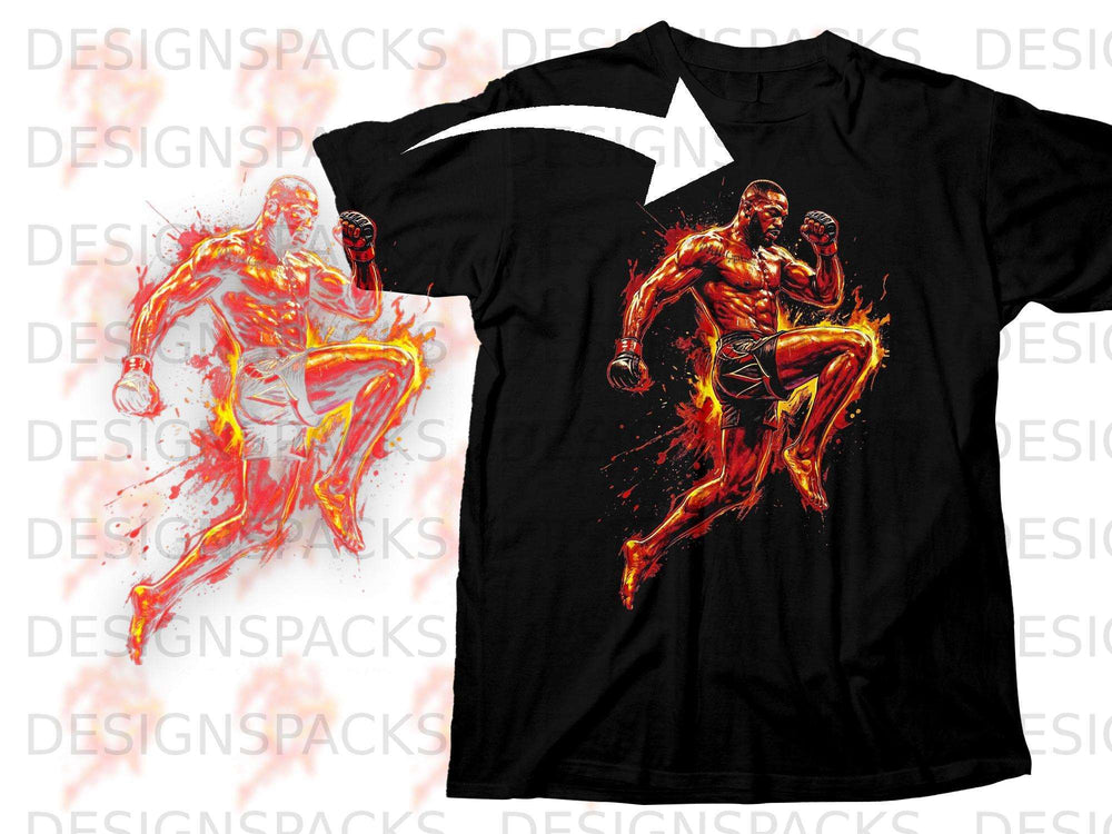 Black t-shirt featuring a fiery MMA fighter mid-kick graphic on the front.