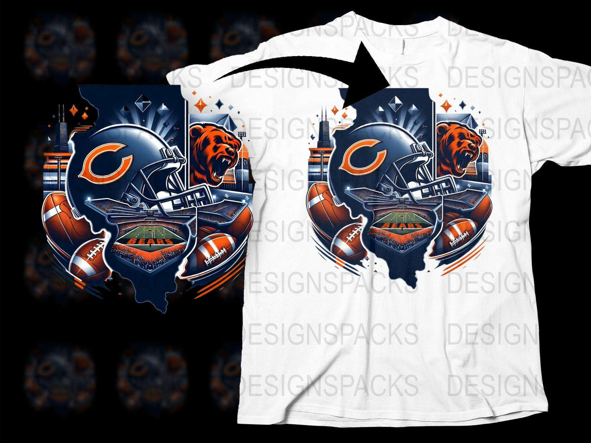 Chicago Football Team Helmet and Bear Graphic T-Shirt, Sports Fan Apparel, Tailgate Clothing