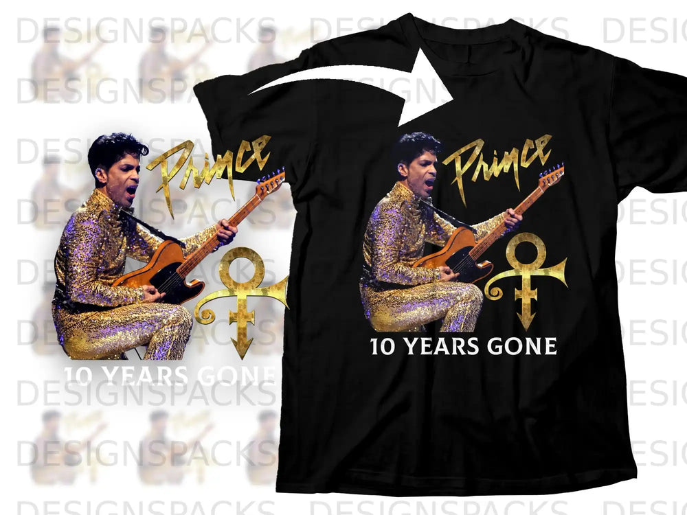 Black t-shirt with Prince playing guitar and "10 YEARS GONE" text.