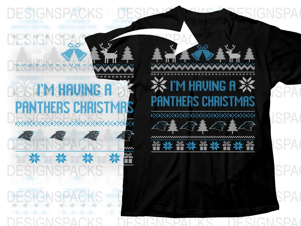 Festive Panthers Christmas T-Shirt, Winter Holiday Graphic Tee, Unisex Xmas Apparel, Snowflake and Reindeer Design, Black and Blue.