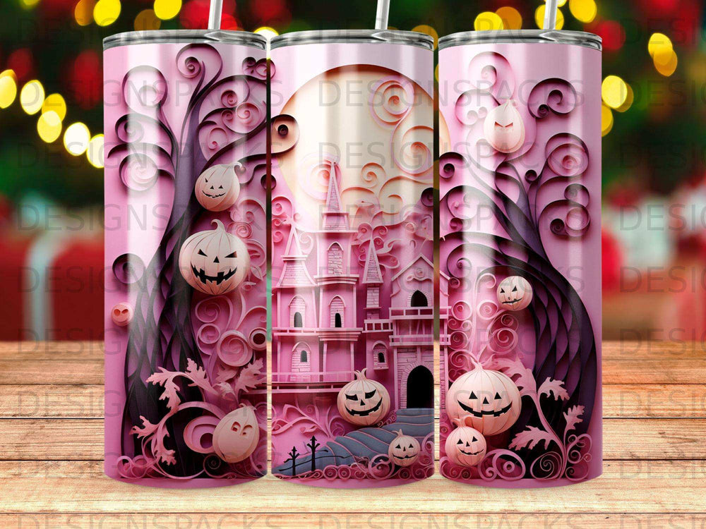 Pink Halloween castle with jack-o'-lanterns and trees on a tumbler.