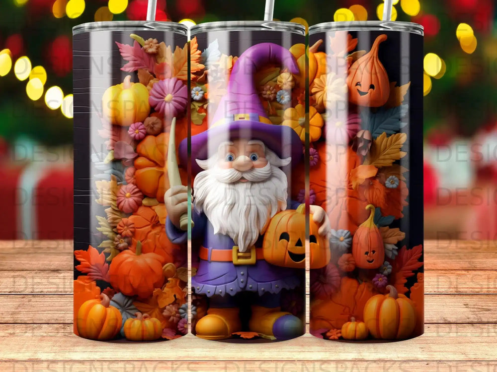 Gnome in wizard costume holds pumpkin, surrounded by autumn leaves and pumpkins.