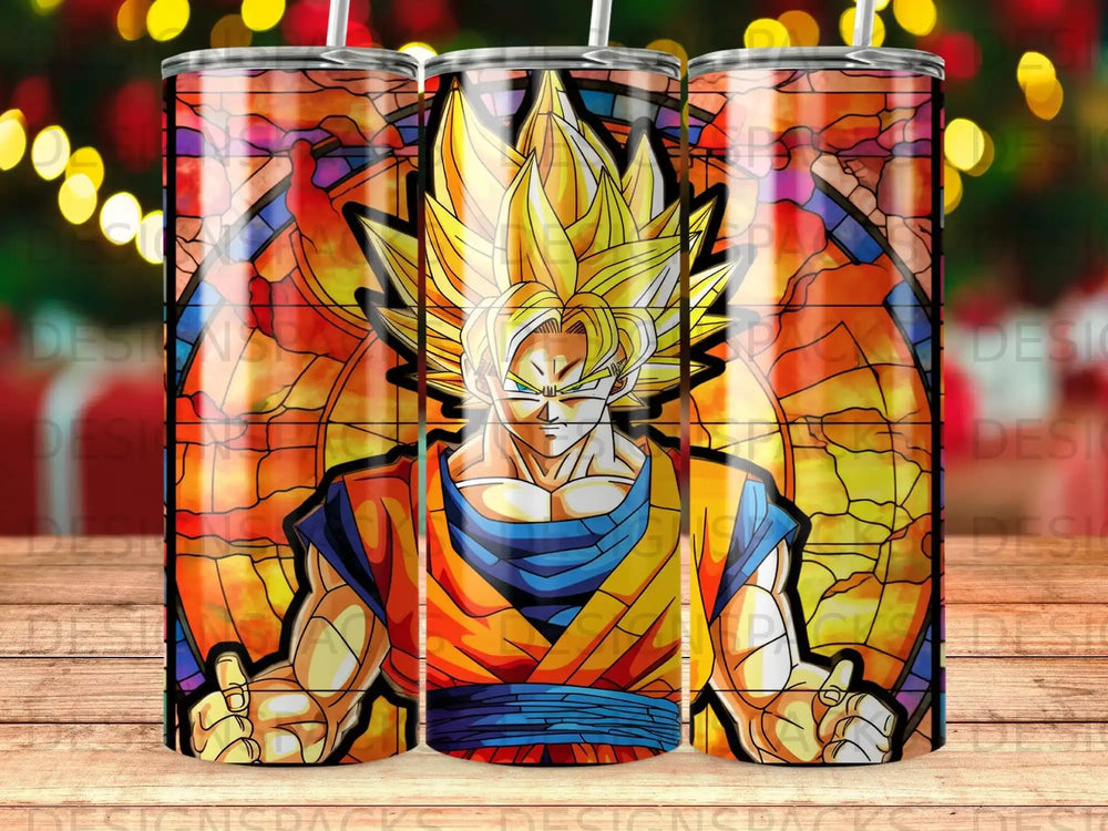 Goku from Dragon Ball Z against a stained glass background.