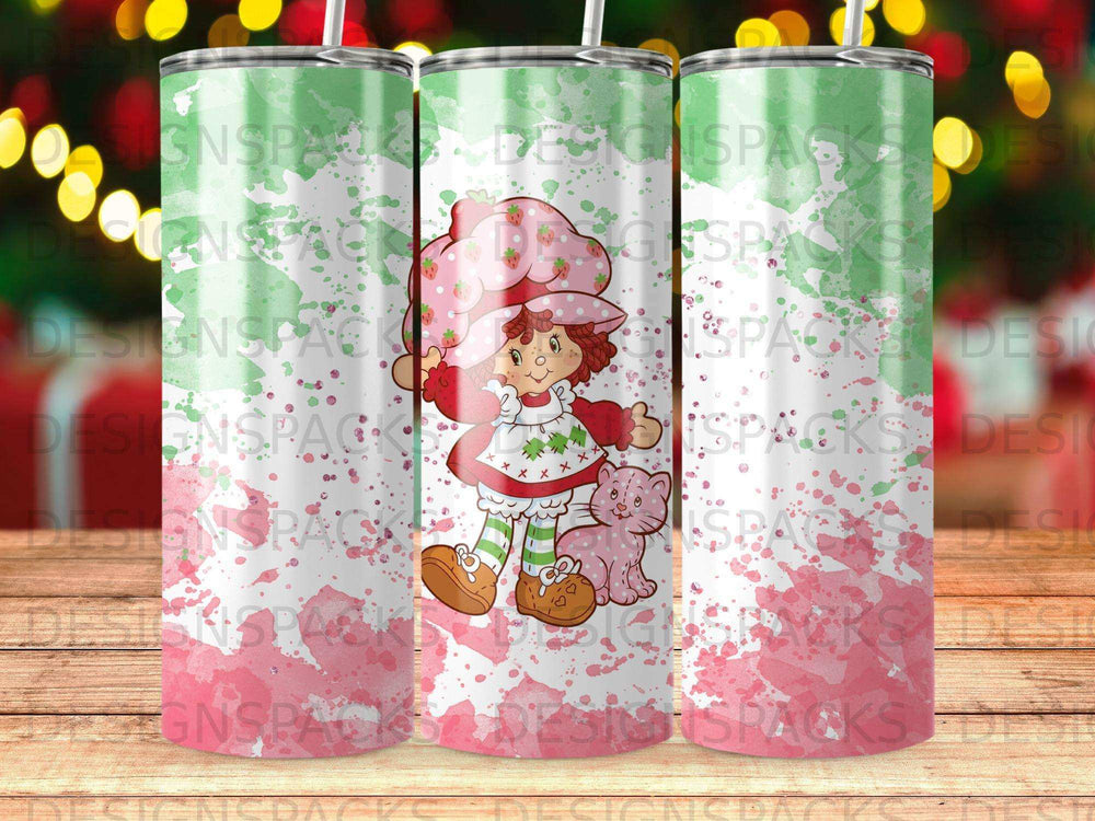 Strawberry Shortcake character with cat and strawberry pattern on tumbler.