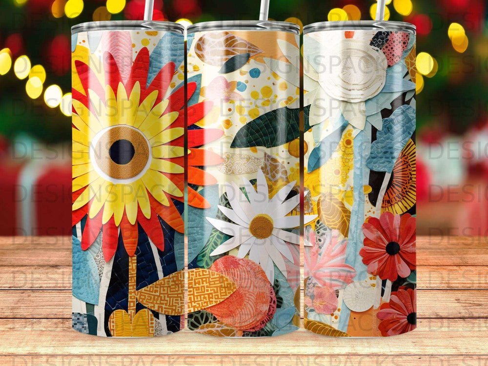 Three tumblers with colorful floral and abstract collage patterns.