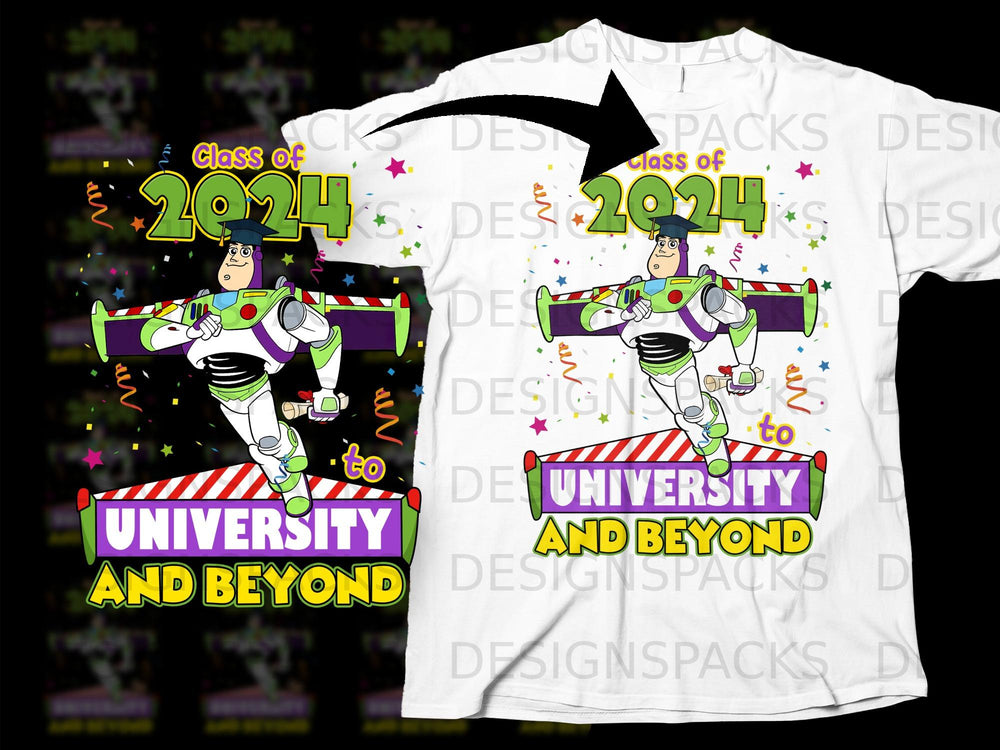 Buzz Lightyear celebrating graduation for the Class of 2024 to University and Beyond.