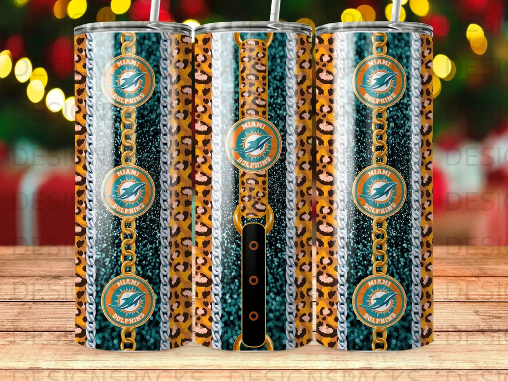 Miami Dolphins tumbler with leopard print and gold chain pattern.