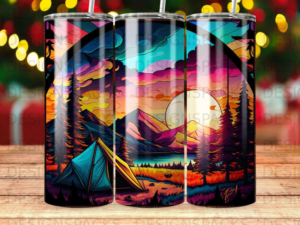 Tent by a lake at sunset, mountains and colorful sky, abstract landscape design.