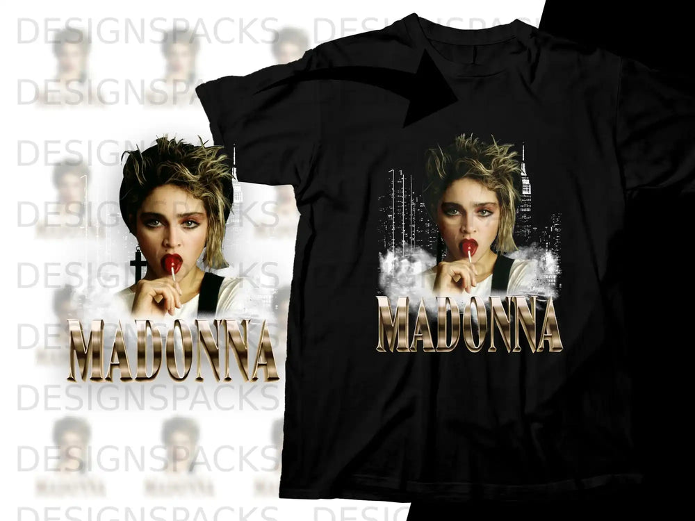 Black t-shirt featuring a close-up of Madonna with a lollipop.