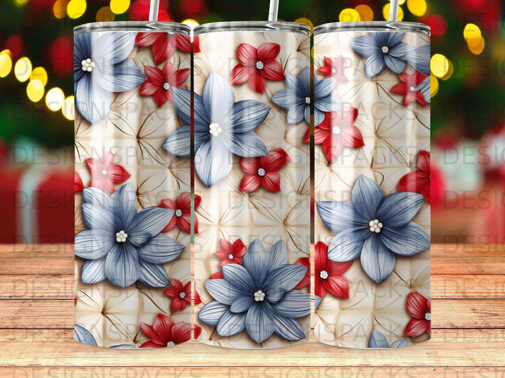 Tapered tumbler with repeating pattern of textured tan squares and red and blue flowers.