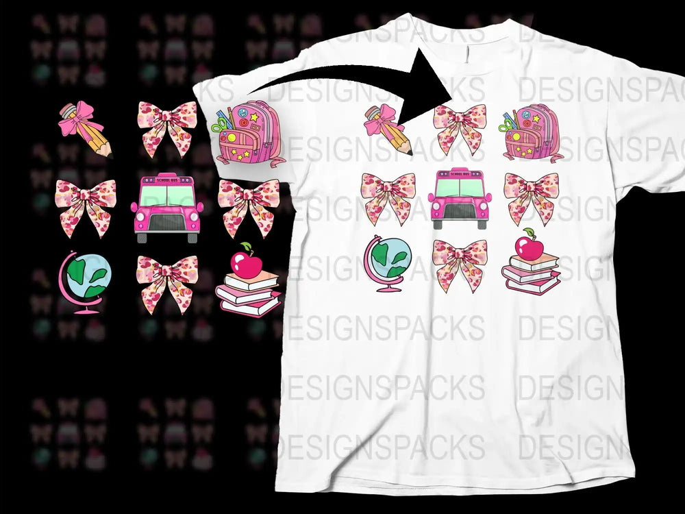 Colorful School Supplies Themed T-Shirt, Backpack and Bows Set, Kids Fashion, Teacher Gifts