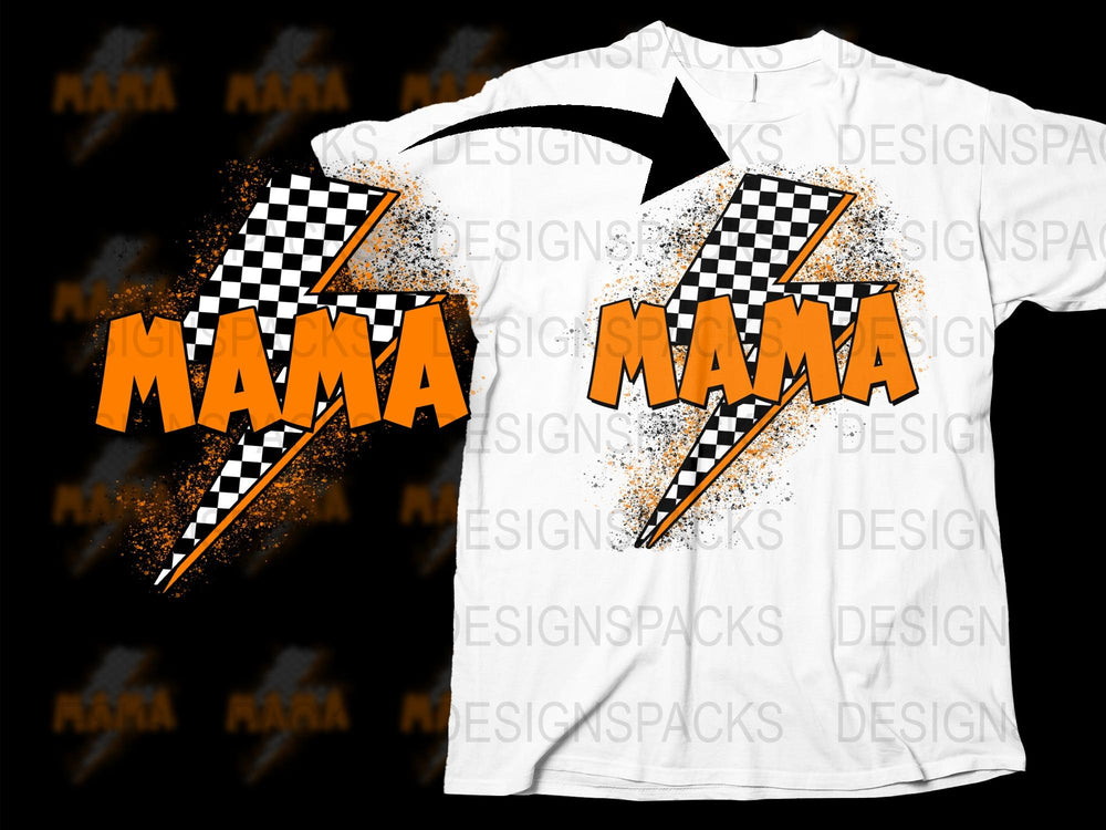 Racing Mama T-Shirt, Checkered Flag Graphic Tee, Orange Black White, Trendy Mom Gift, Casual Wear