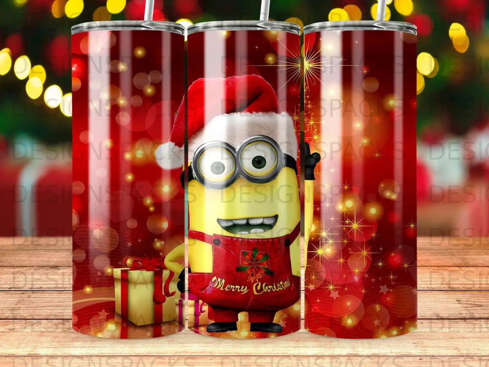 Minion wearing a Santa hat and red apron with "Merry Christm" text.