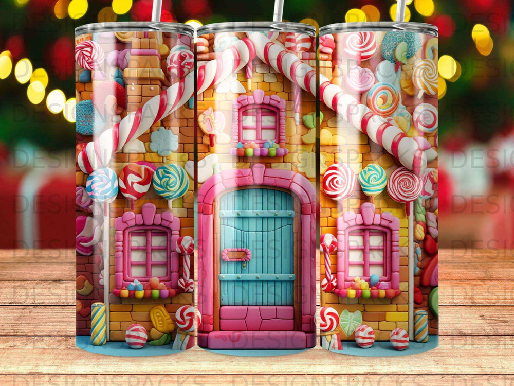Candy gingerbread house with colorful lollipops and gumdrops.