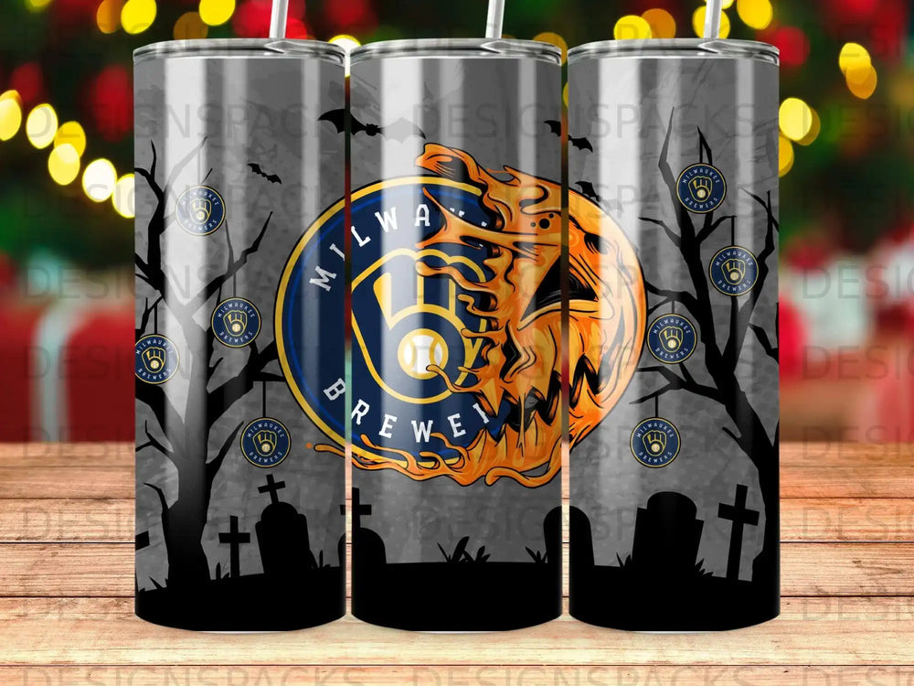 Milwaukee Brewers logo on a spooky Halloween-themed tumbler with trees and tombstones.
