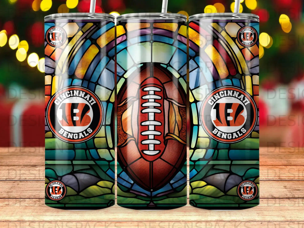 Cincinnati Bengals football with stained glass pattern on three tumblers.