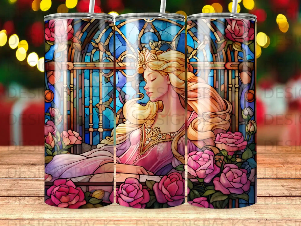 Blonde princess in pink dress by stained glass window with roses.
