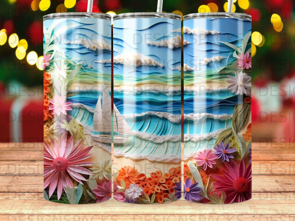 Papercraft beach scene with sailboat, waves, and colorful flowers.