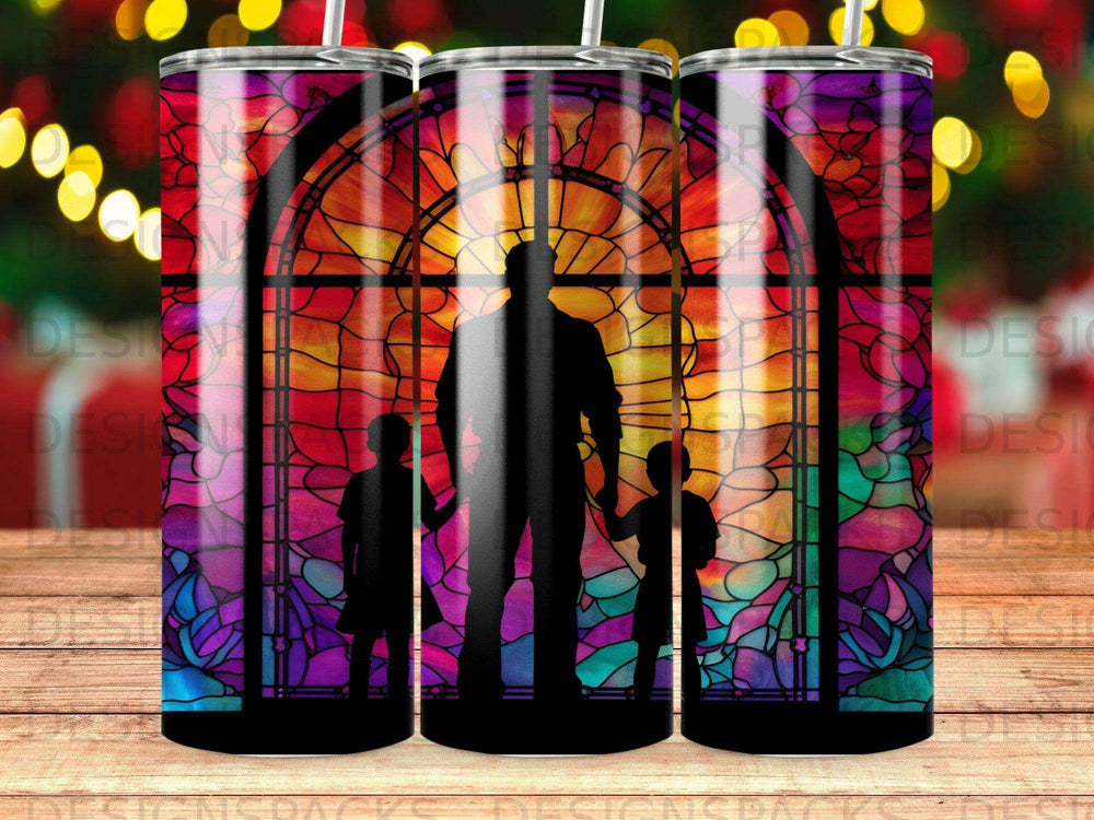 Silhouetted father and two children stand before a stained-glass window.
