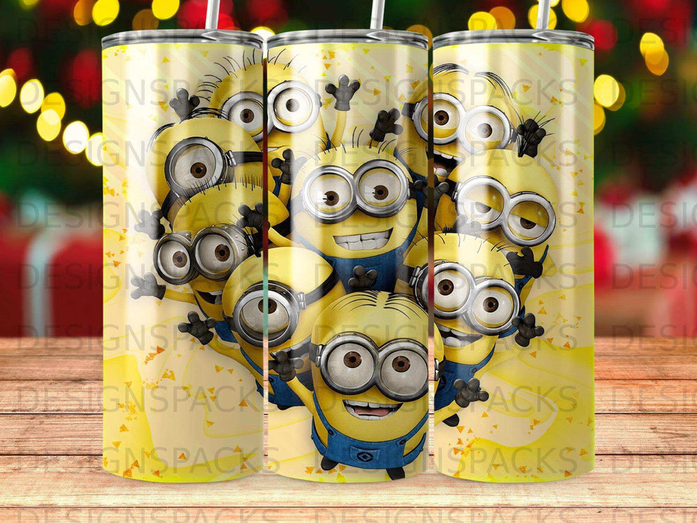 Several Minions with big eyes and blue overalls are smiling.