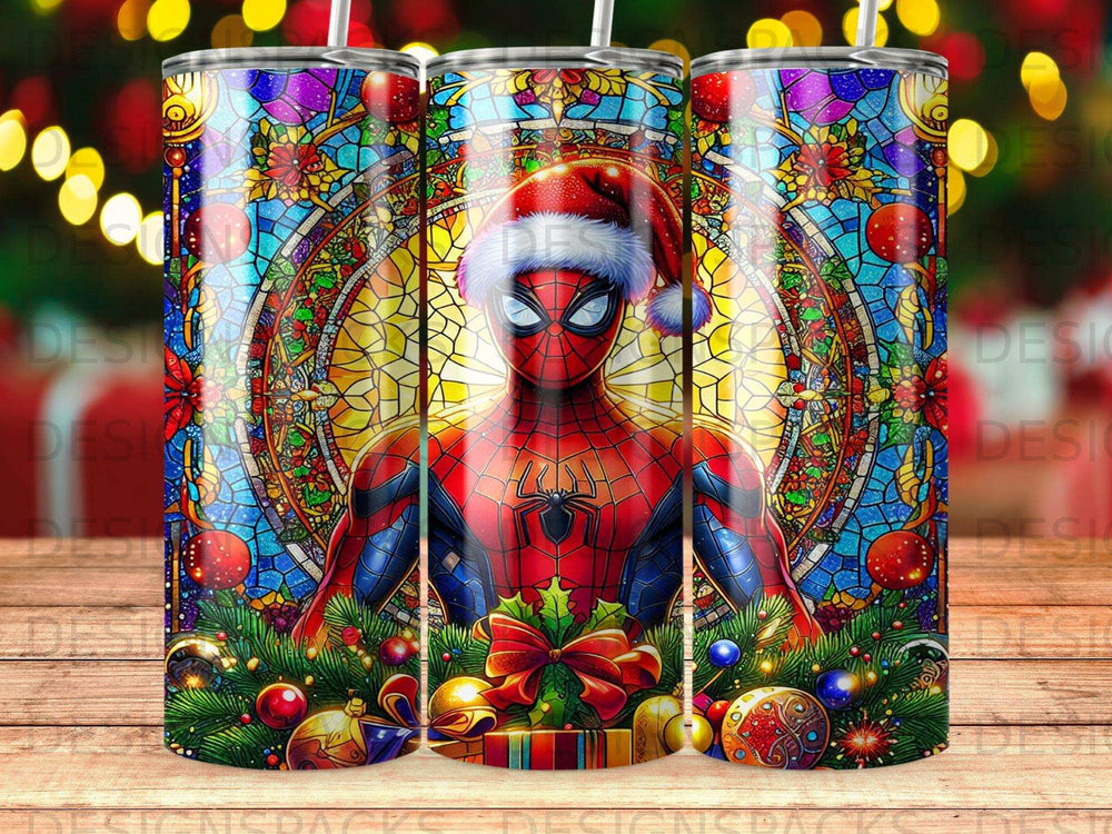 Spiderman in Santa hat with stained glass background and Christmas ornaments.