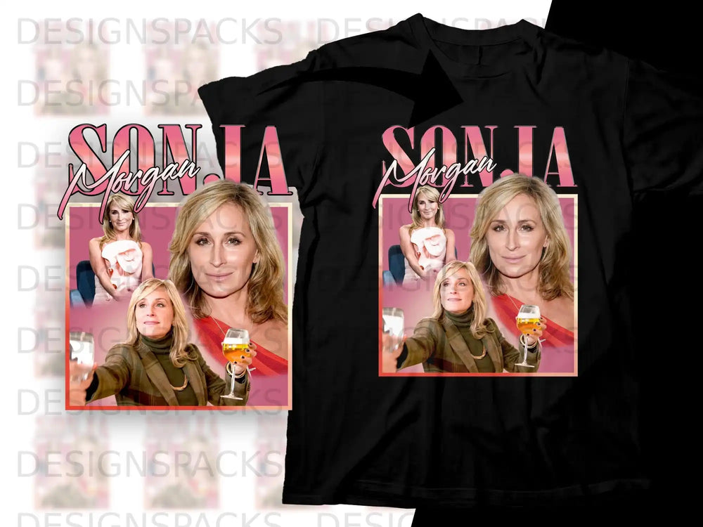 Sonja Morgan wearing a brown jacket holding a drink, with text overlay.