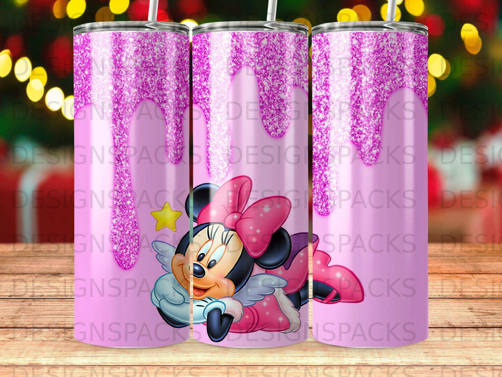 Minnie Mouse with pink glitter drip pattern.
