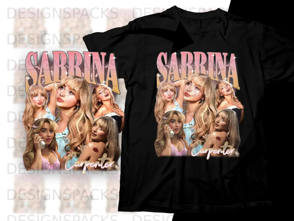 Sabrina Carpenter collage t-shirt design with her name in pink glitter lettering.