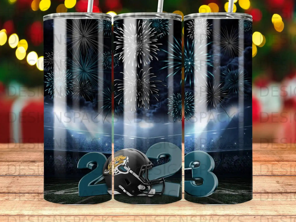 Football helmet with Jacksonville Jaguars logo and "2023" text, fireworks above stadium.