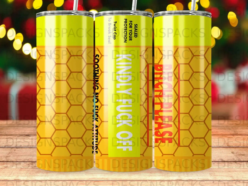 Tumbler with "Kindly Fuck Off" and "Soothing No Fuck Attitude" text.