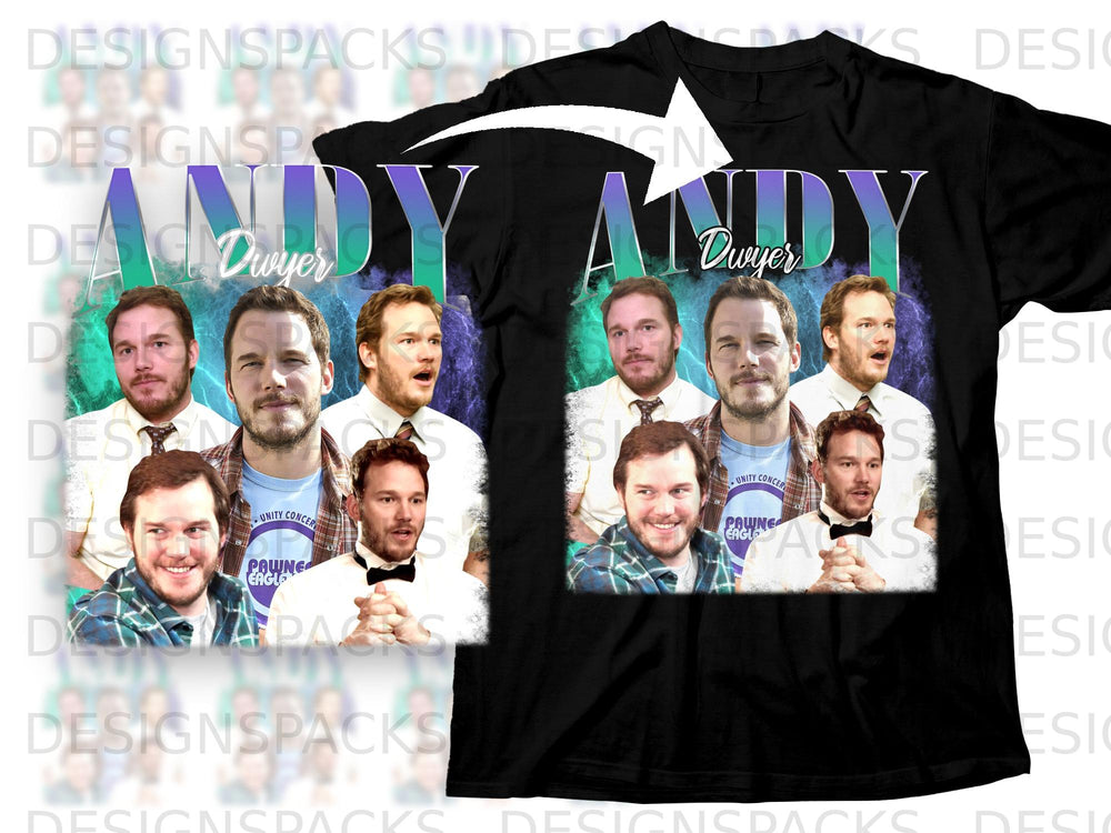Andy Dwyer collage with Pawnee Eagle logo on black t-shirt.