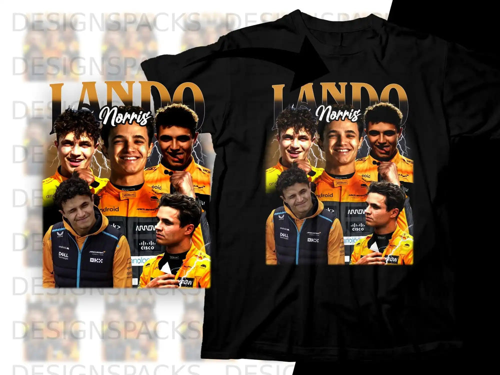 Lando Norris collage on black t-shirt with McLaren branding.