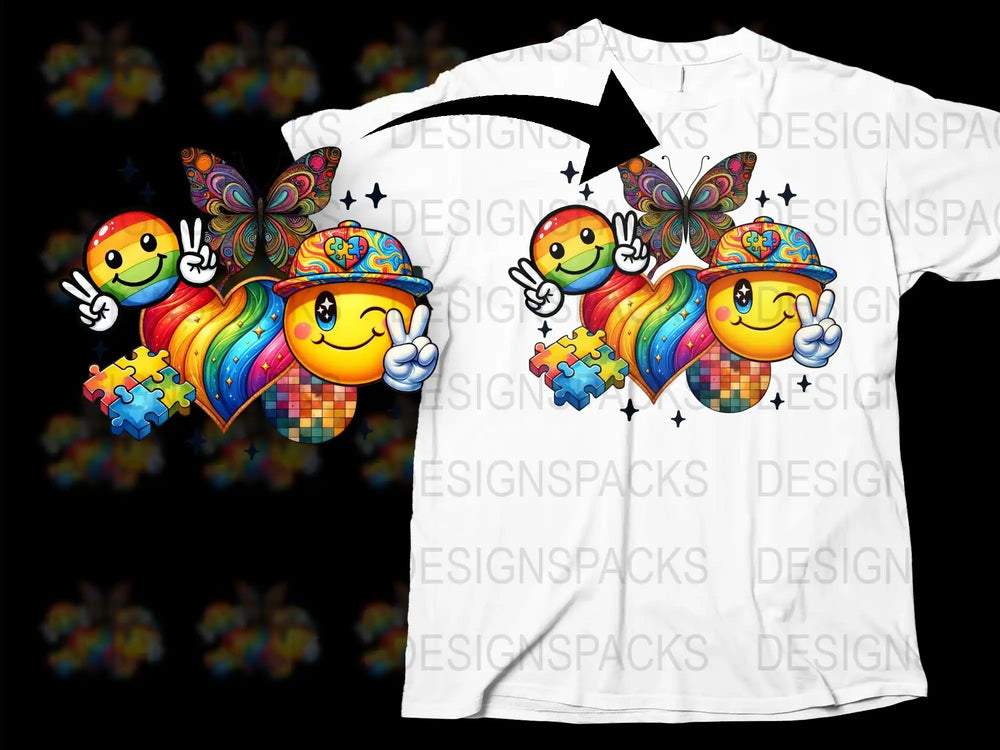 Colorful Autism Awareness T-Shirt, Puzzle Piece and Smiley Face Design, Vibrant Unisex Tee for Support