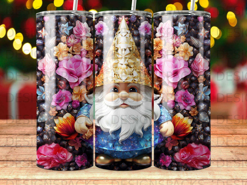 Gnome with gold hat and floral pattern on a tumbler.