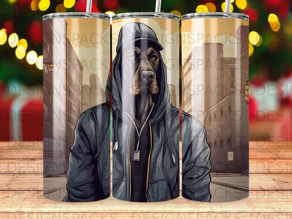 Dog wearing a hooded jacket and cap, front view, with city buildings in background.